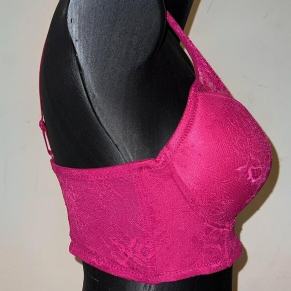 Fuchsia pink Halter Lace detailed Bra - Picture 2 of 3